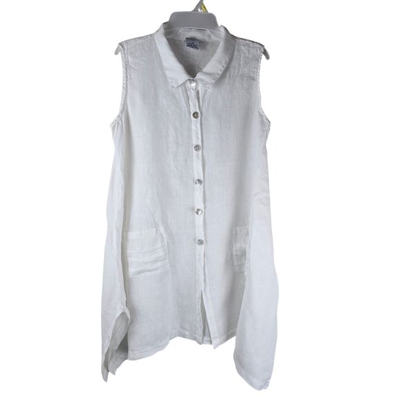 Match Point USA Sleeveless Linen Tunic Button Front Lagenlook Asymmetrical Hem - Picture 1 of 9